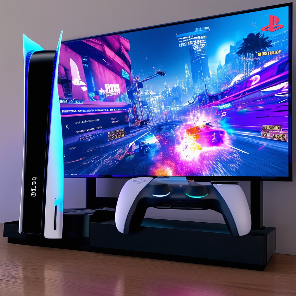 A sleek PlayStation 5 console set up beside a larg